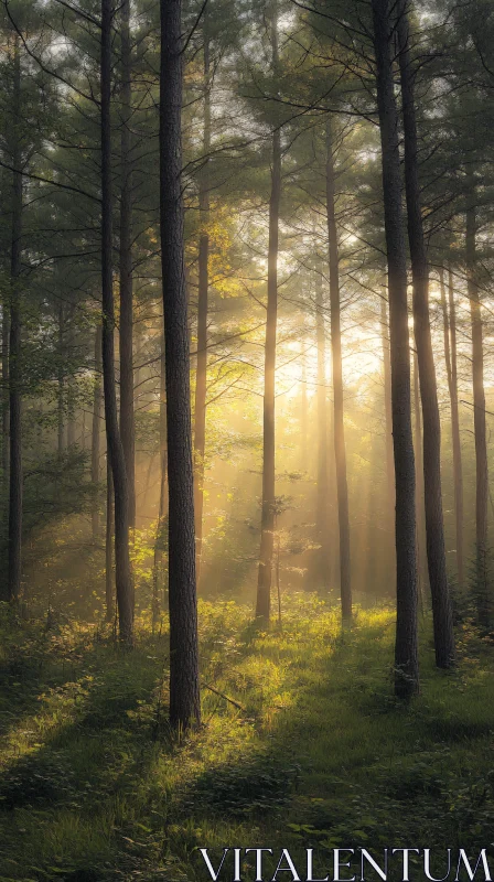 Morning Sunlight in a Dense Forest AI Image