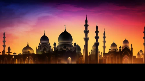 Colorful Mosque Silhouette Against Sunset Cityscape