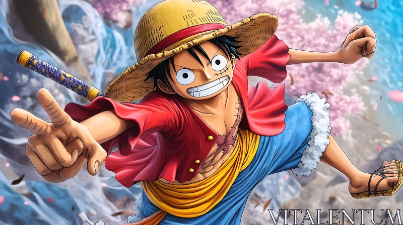 Joyful Anime Hero in Red Jacket and Straw Hat AI Image