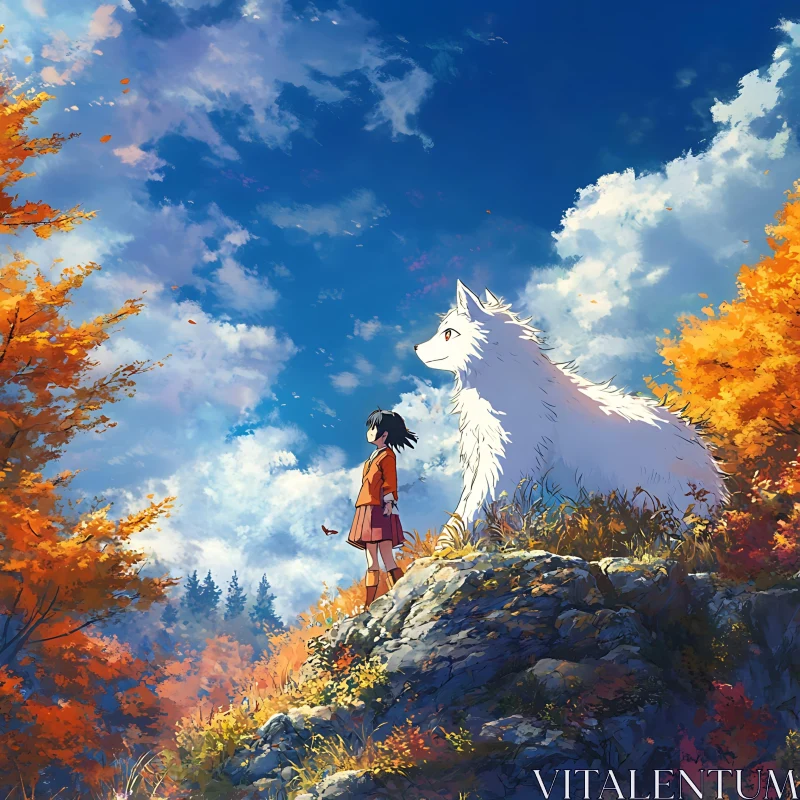 Serene Anime Landscape with Girl and White Wolf AI Image