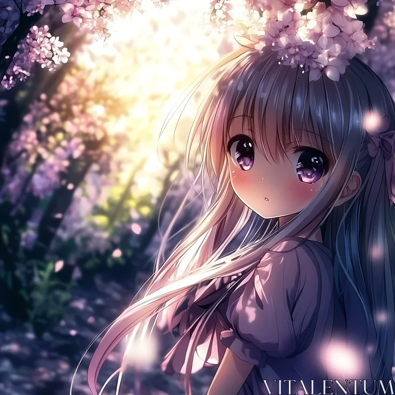 Enchanted Anime Girl in Blooming Cherry Blossom Forest AI Image