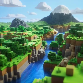 Blocky Nature Scene with Mountains and River