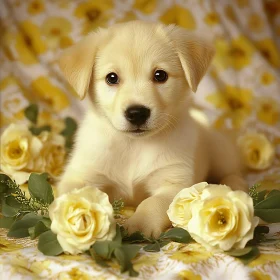 Heartwarming Image of a Puppy Among Yellow Roses