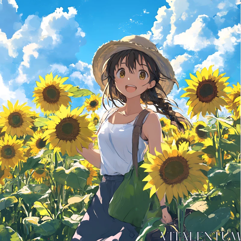 Cheerful Girl Among Sunflowers in Anime Art Style AI Image