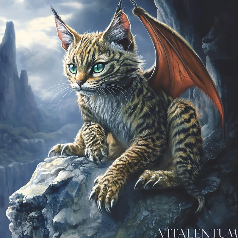 Dragon Cat Perched on Rock Fantasy Art AI Image