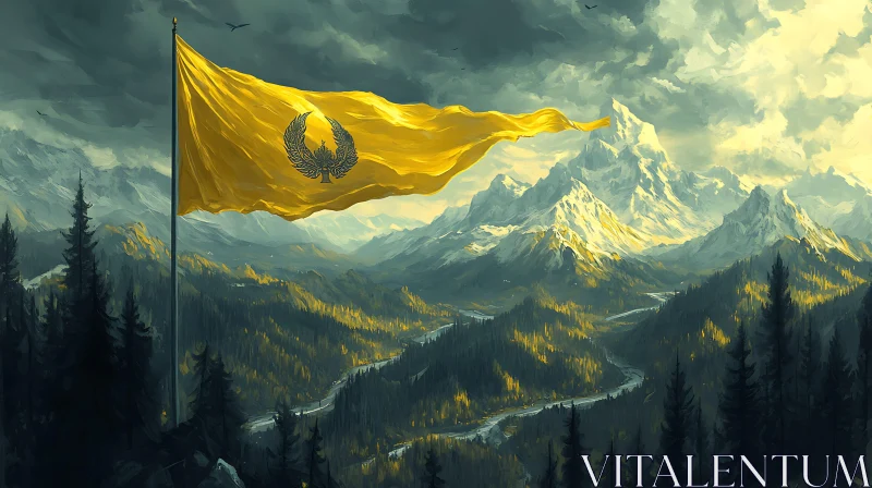 AI ART Mountain Valley View With Golden Flag