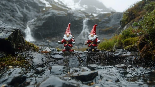 Garden Gnomes by Waterfall in the Rain