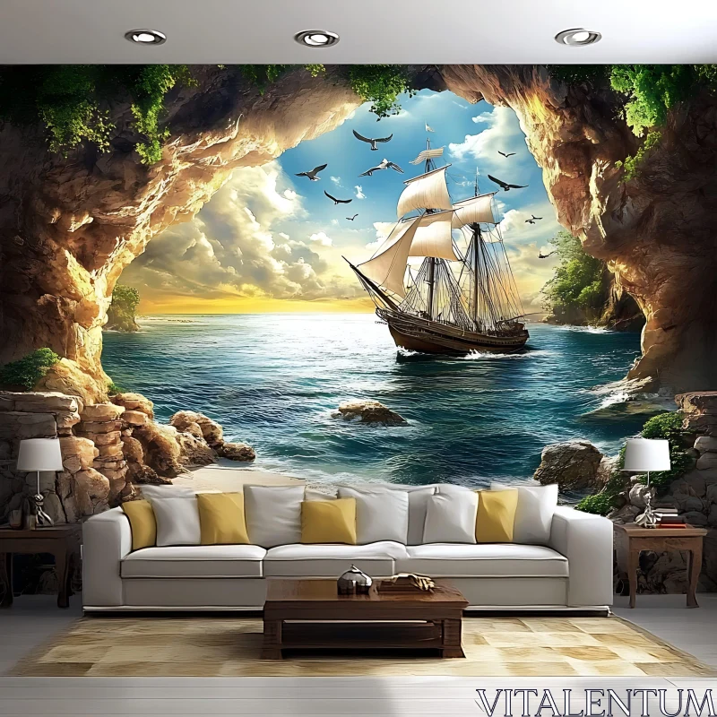 Ocean View with Sailboat and Cave AI Image