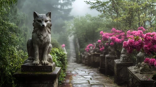 Mystical Garden Path with Fox Sculpture