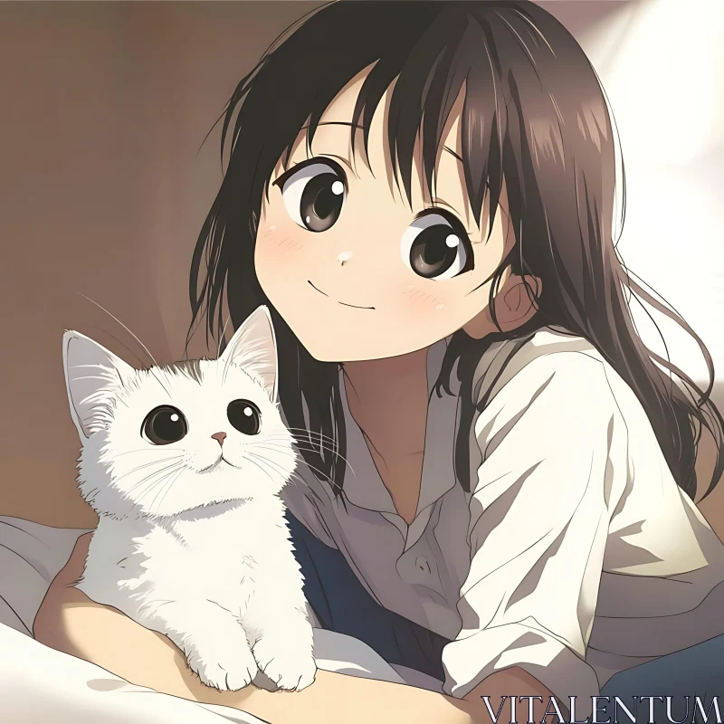 Anime Girl and Cute White Cat AI Image