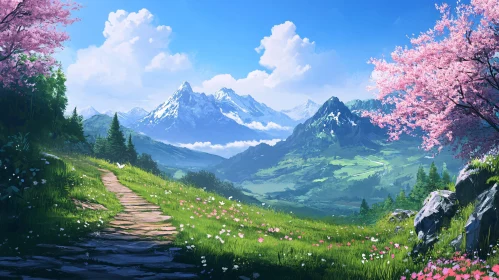 Scenic Mountain Landscape with Flower Meadow