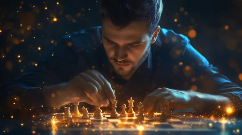 Man Playing Chess with Intense Focus