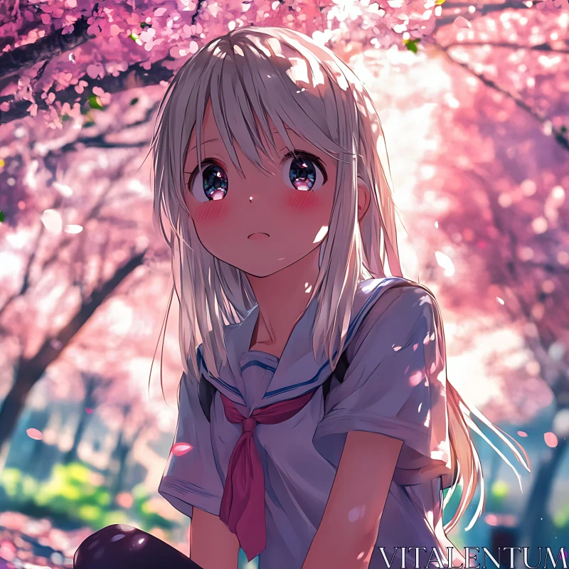 Springtime Anime Girl Under Sakura Trees AI Image