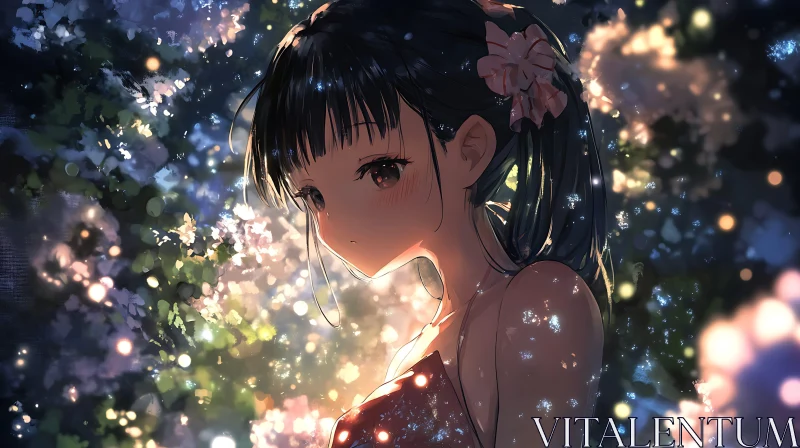 Elegant Anime Girl Surrounded by Evening Sparkles AI Image