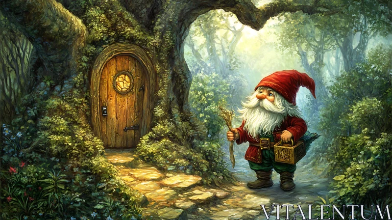 AI ART Whimsical Gnome by Tree-House Door