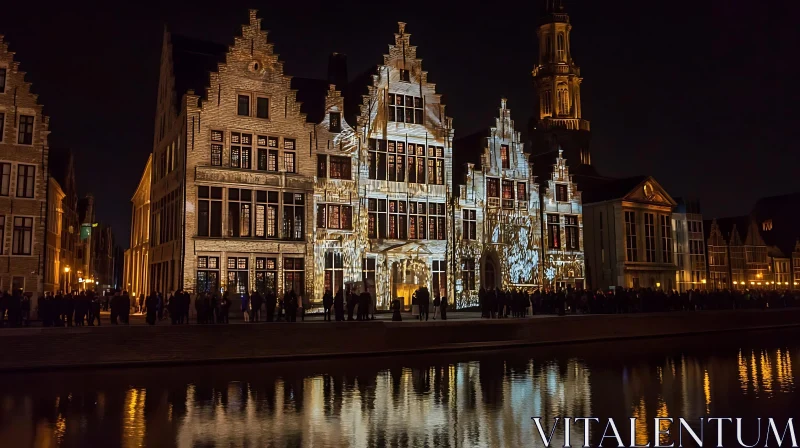 Illuminated Historic Buildings at Night by a Canal AI Image