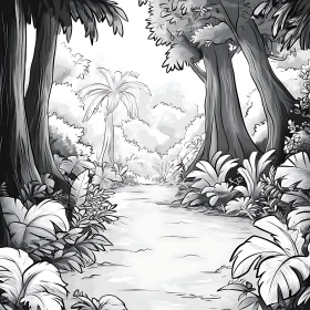 Monochrome Dense Forest Pathway Drawing