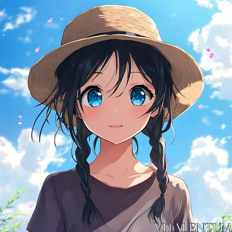 Anime Girl in Summer Attire with Blue Sky Background AI Image