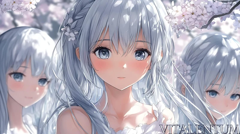 Serene Springtime with Silver-Haired Anime Girls AI Image