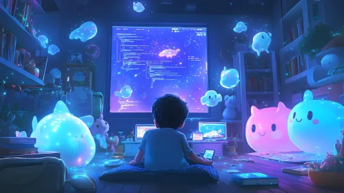 Boy Surrounded by Glowing Toys