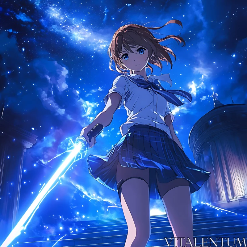 Mystical Night Sky and Sword-Wielding Anime Girl AI Image