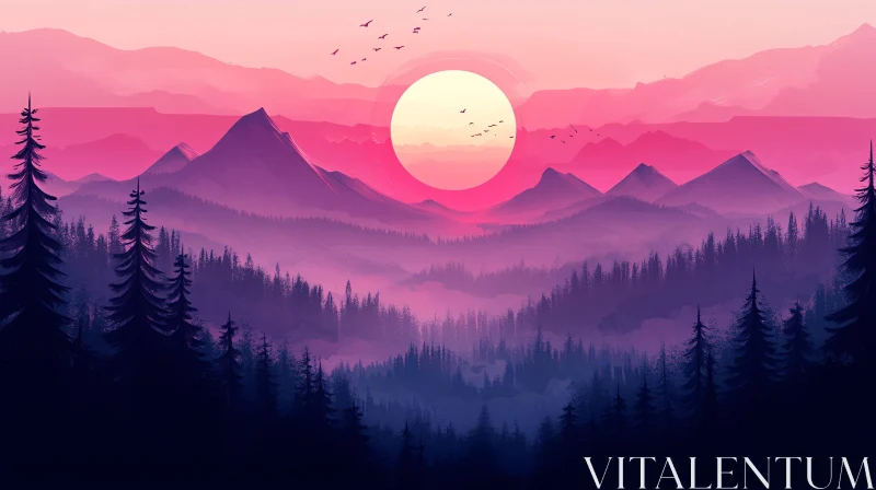 AI ART Misty Mountain Sunset with Pine Forest