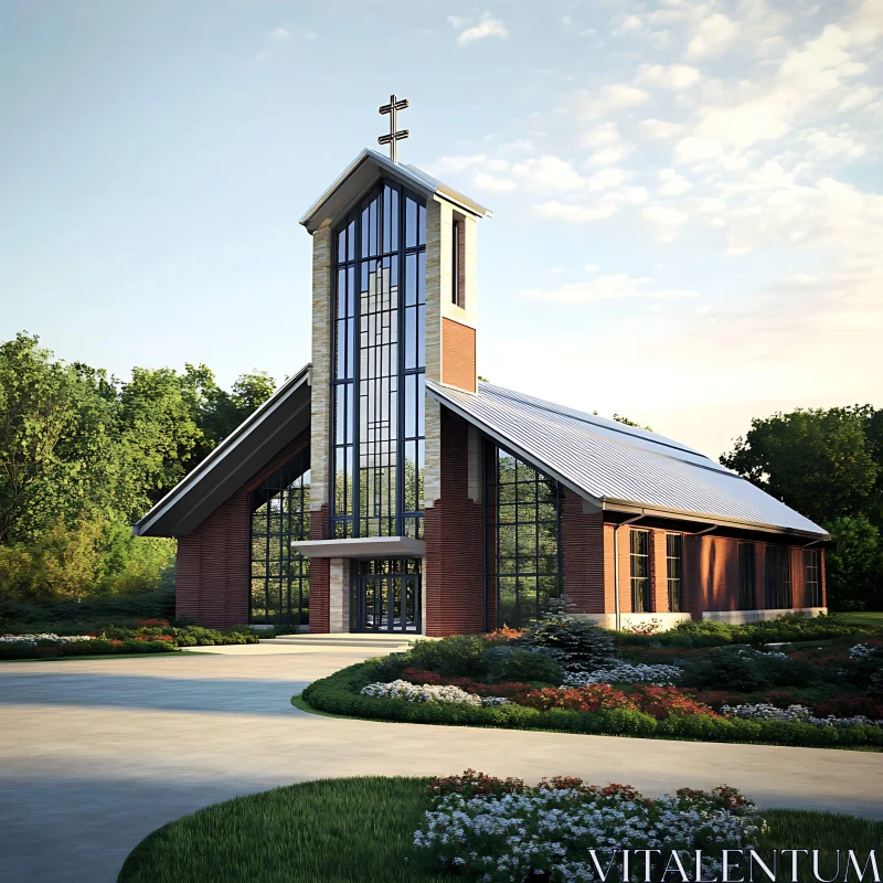 Contemporary Church Building in Greenery AI Image