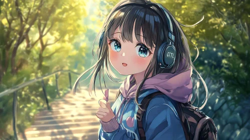 Anime Girl with Headphones in Scenic Forest