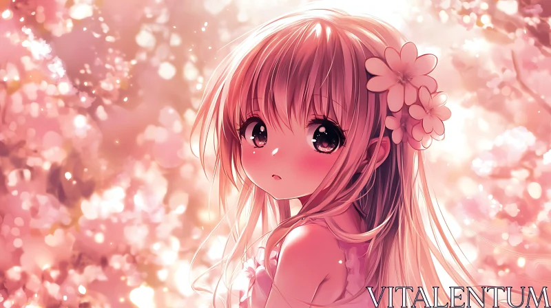 AI ART Anime Girl Amidst Pink Blossoms with Floral Hair Accessory