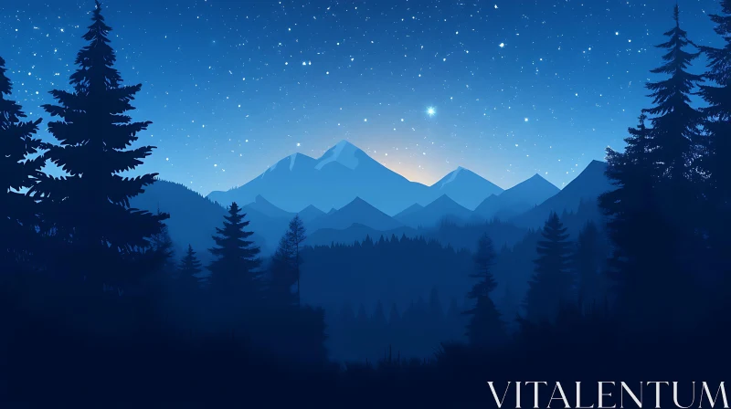 Starry Night Mountain Forest Landscape AI Image