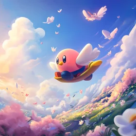 Whimsical Character Soaring Through Clouds