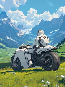 Futuristic Cyborg Overlooking a Mountain Meadow