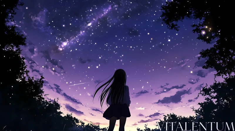 Anime Silhouette of Girl Under Night Sky AI Image