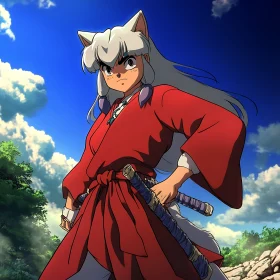 Fox-Eared Anime Samurai in Red Outfit