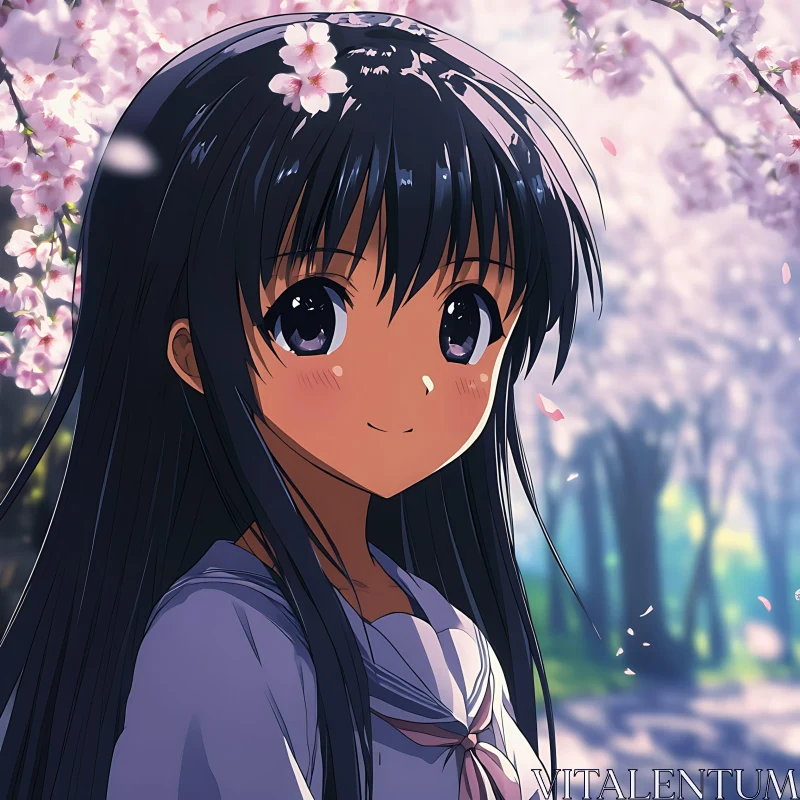 Serene Anime Girl with Cherry Blossoms AI Image