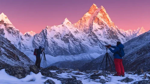 Photographers capturing mountain sunrise