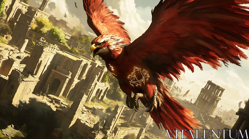 Fiery Bird Over Old City AI Image