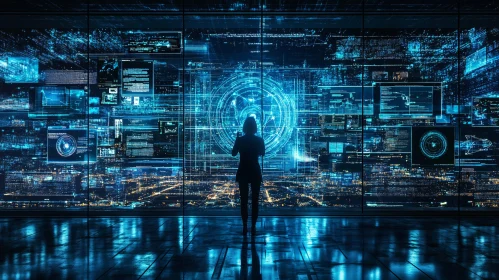 Woman in front of Holographic Data Stream