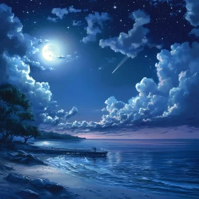 Night Seascape with Moon and Stars