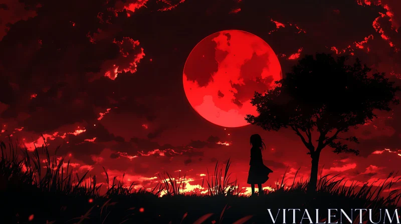 Mystical Night with Red Moon AI Image