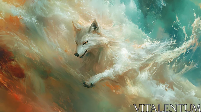 White Wolf Emerging from Clouds AI Image