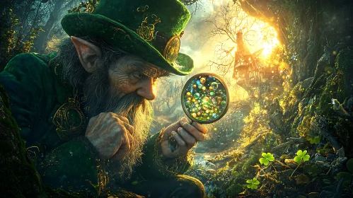 Leprechaun studies magic orb in forest