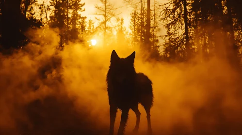 Wolf Silhouette in Misty Forest