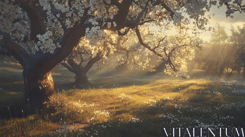 AI ART Sunlit Blossoming Trees in a Serene Meadow