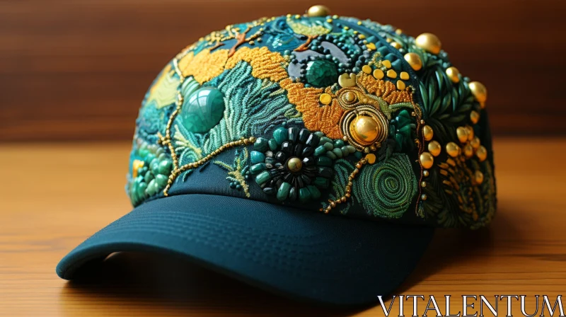 Colorful Cap with Green and Gold Beads | Naturalistic Design AI Image