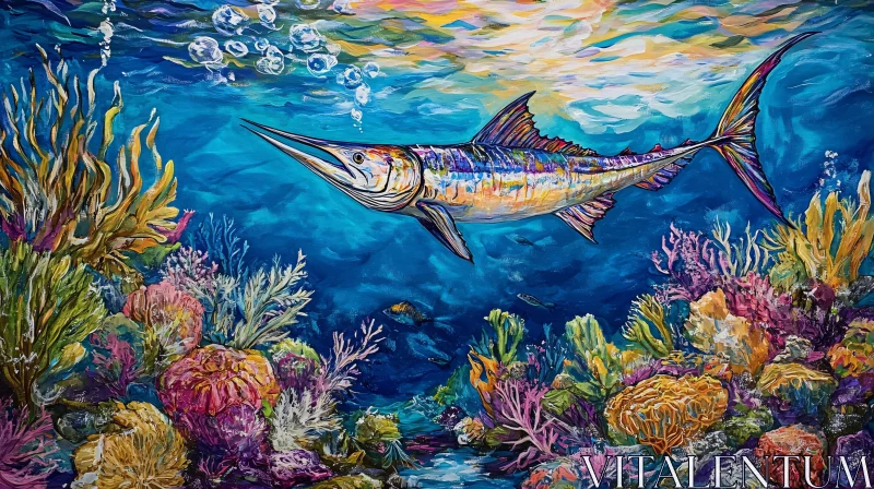 Underwater Marlin Scene with Coral Reef AI Image