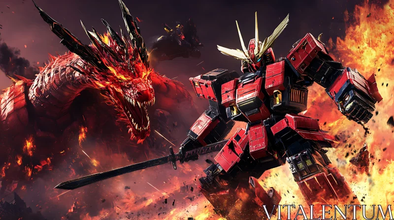 Fiery Clash of Red Dragon and Mecha AI Image