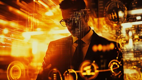 Man in Suit with Digital Interface Overlay