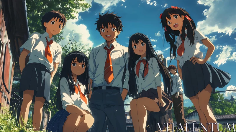 Group of Anime Students in School Uniforms Outside AI Image