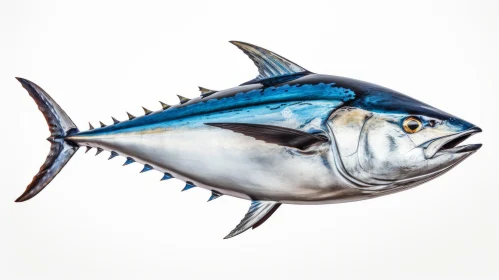 Surrealistic Bluefin Tuna: Metallic Installation on White Background